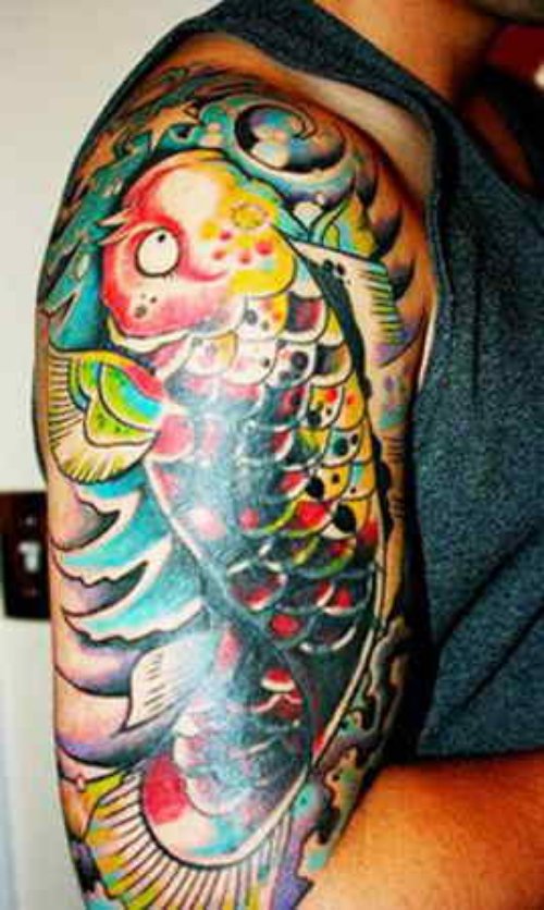 Cute Man Right Half Sleeve Carp Fish Tattoo